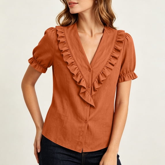 Babysbule Women's V-Neck Ruffle Collar Puff Short Sleeve Button Front Relaxed Fit Casual Blouse Everyday Top