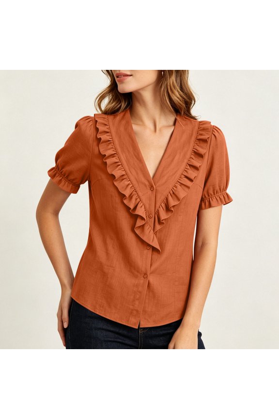 Women's V-Neck Ruffle Collar Puff Short Sleeve Button Front Relaxed Fit Casual Blouse Everyday Top