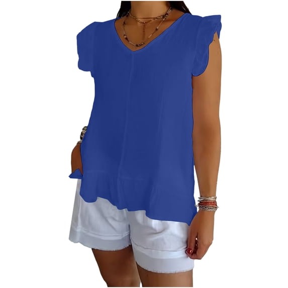 Babysbule Women's V Neck Ruffled Sleeve Tank Top, 100% Cotton Sleeveless Ruffled Hem Blouse for Spring and Summer Casual Wear