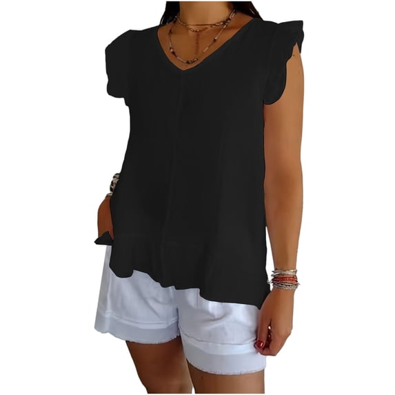 Babysbule Women's V Neck Ruffled Sleeve Tank Top, 100% Cotton Sleeveless Ruffled Hem Blouse for Spring and Summer Casual Wear