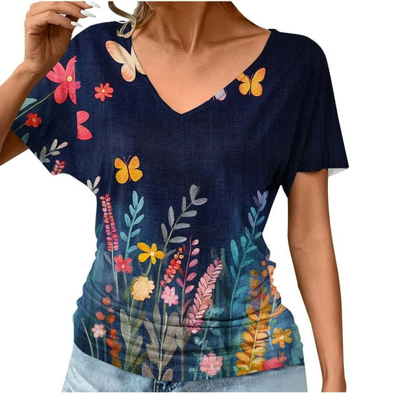 Babysbule Women's V-Neck Short Sleeve Blouse Casual Floral Print Fold Detail Soft Polyester Tops for Daily Wear Party Dating