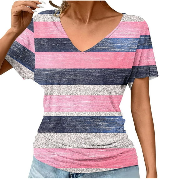 Babysbule Women's V-Neck Short Sleeve Blouse Casual Floral Print Fold Detail Soft Polyester Tops for Spring Summer Daily Wear