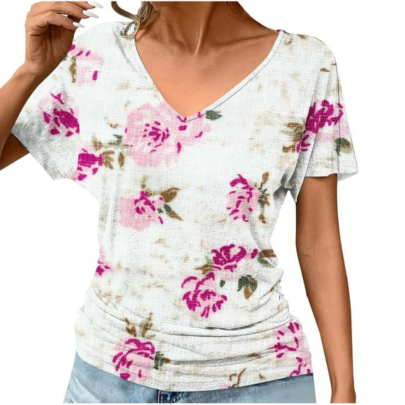 Babysbule Women's V-Neck Short Sleeve Blouse Casual Floral Print Fold Detail Soft Polyester Tops for Spring Summer Daily Wear