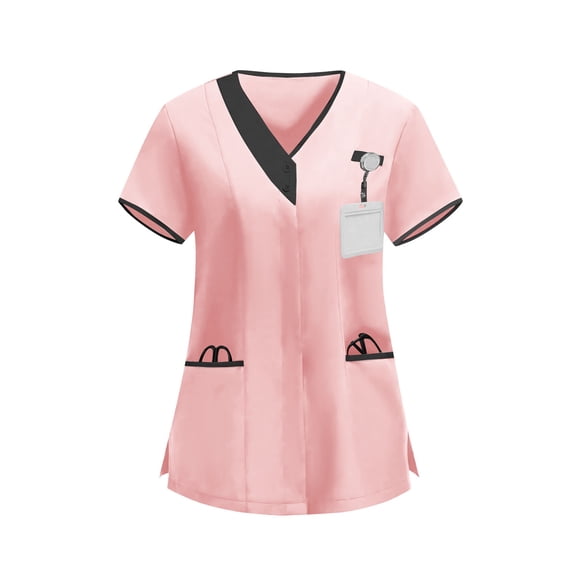 Babysbule Women's V-Neck Short Sleeve Nurse Uniform Scrub Top Functional Pockets Polyester Spandex Blend for Clinic Hospital Care Worker Wear
