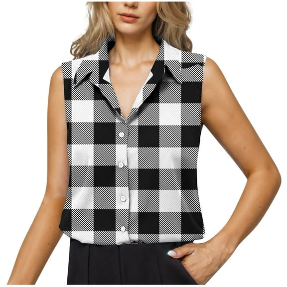 Babysbule Women's V-Neck Sleeveless Printed Blouse Casual Button Up Shirt Comfy Work Top Fashion Polyester