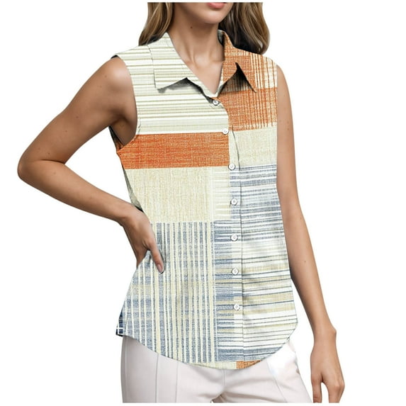 Babysbule Women's V-Neck Sleeveless Printed Blouse Casual Button Up Shirt Comfy Work Top Fashion for All Seasons