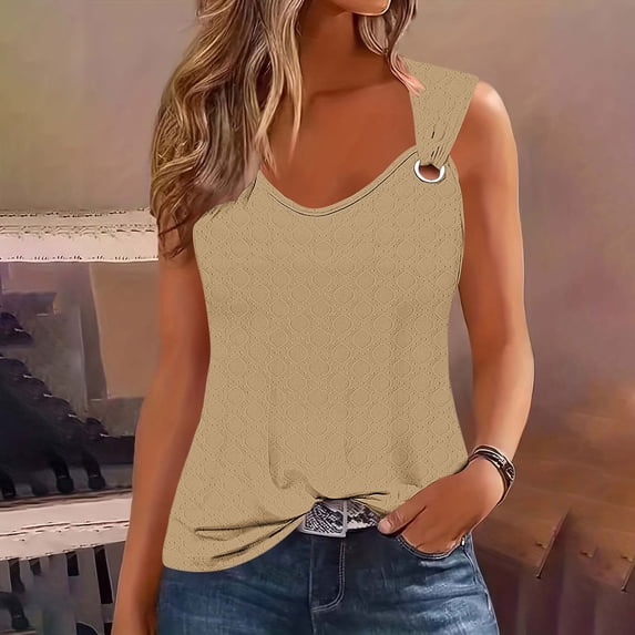 Babysbule Women's V-Neck Sleeveless Printed Tank Top, Casual Asymmetric Strap Blouse with Metal Ring Detail for Daily Wear