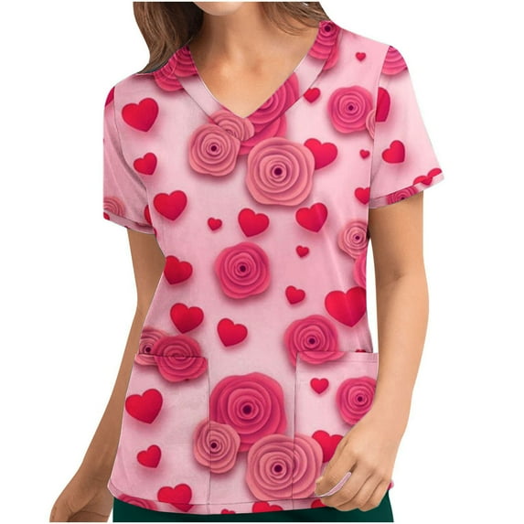 Babysbule Women's Valentine's Day Love Printed Tops With Pocket Short Sleeve V-Neck Nurse Working Top