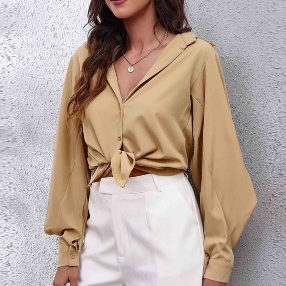 Babysbule Womens Button Long Sleeve Tops Blouse Shirt Solid Strapless Thin Keep Warm Tee