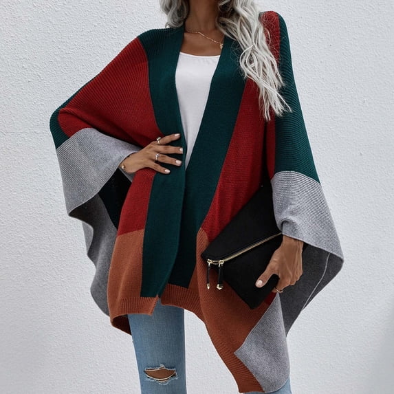 Babysbule Womens Cardigans Women's Fashion Shawl Color Matching Loose Tops Blouse Knitted Sweater Women's Top Blouse