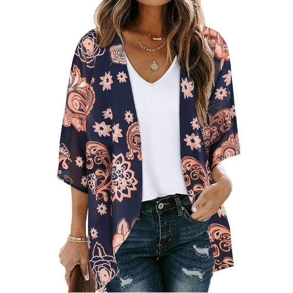 Babysbule Womens Cardigans Clearance Women's Floral Print Puff Sleeve Kimono Cardigan Loose Chiffon Cover Up Casual Blouse Tops Women's Top Clearance Blouse