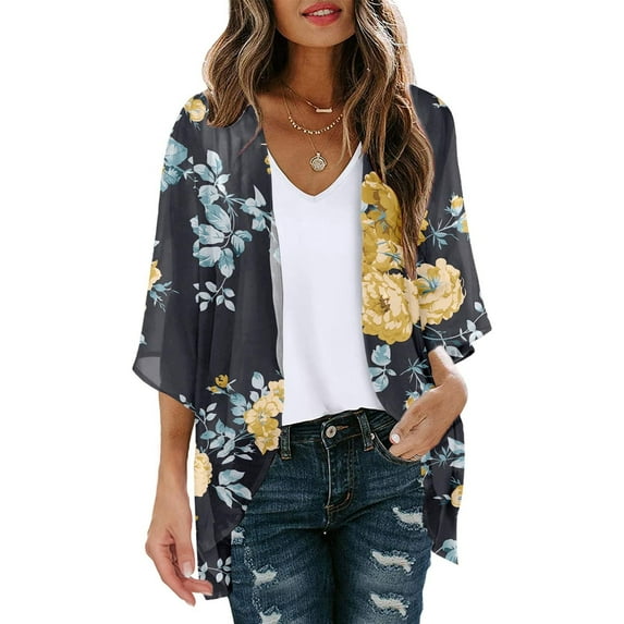 Babysbule Womens Cardigans Clearance Women's Summer Floral Print Puff Sleeve Cardigan Loose Cover Up Casual Blouse Summer Trendy Tops Women's Top Clearance Blouse