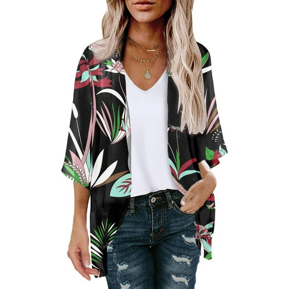 Babysbule Womens Cardigans Clearance Women's Summer Floral Print Puff Sleeve Cardigan Loose Cover Up Casual Blouse Summer Trendy Tops Women's Top Clearance Blouse