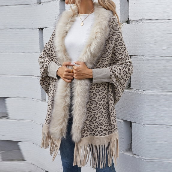 Babysbule Womens Cardigans Women Fashion Casual Knitted Leopard Print Collar Tassels Sweater Long Sleeve Cardigan Tops Women's Top Blouse