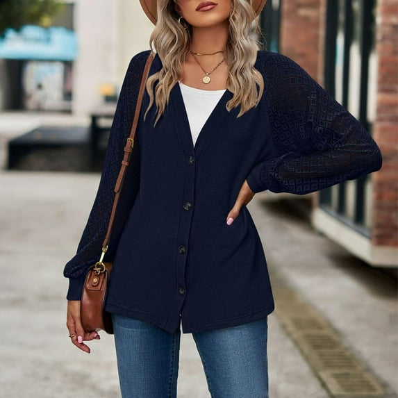 Babysbule Womens Cardigans Women’s And Winter Sleeve Solid Color Loose Button Lace Patchwork Cardigan Top Women's Top Blouse