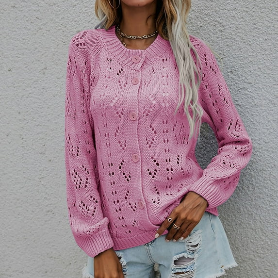 Babysbule Womens Cardigans Women's Fashion Round Neck Solid Hollow Button Knitted Sweater Cardigan Women's Top Blouse