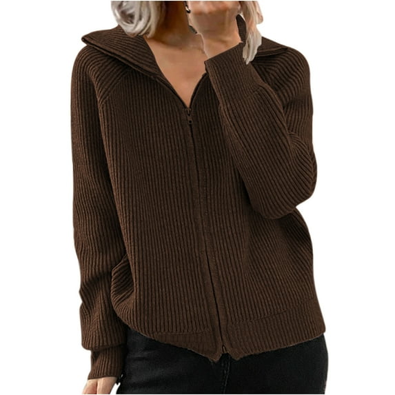 Babysbule Womens Cardigans Women's New Autumn/winter Striped Thread Casual Coat Loose Knit Zipper Cardigan Long Sleeve Lapel Cardigan Tops Women's Top Blouse
