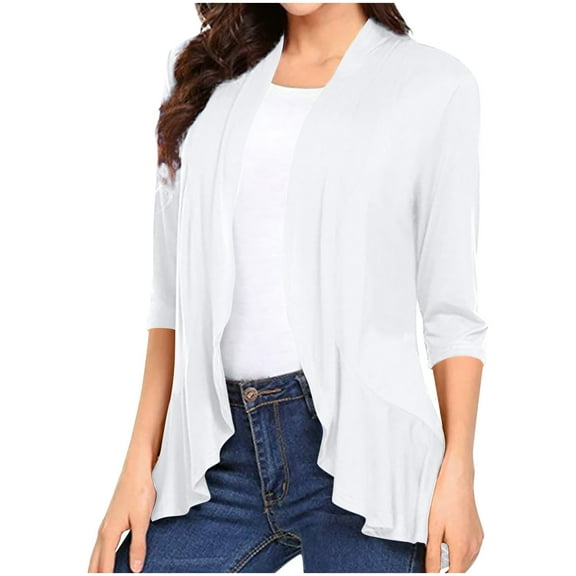 Babysbule Womens Cardigans Women's Solid Color Soft Draped Ruffles Nine-Quarter Sleeve Cardigan Top Women's Top Blouse