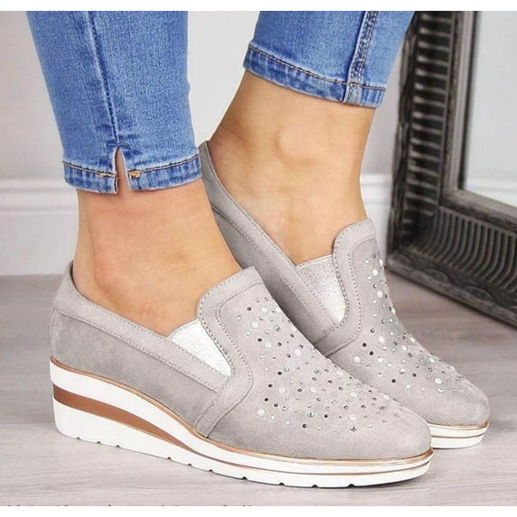 Babysbule Womens Casual Shoes Summer Casual Wedge Walking Shoes Women's Rhinestone Breathable Plus Size Sneakers