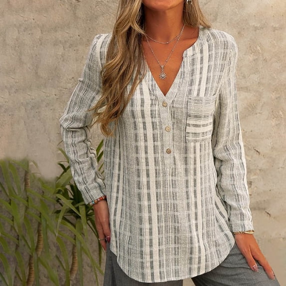 Babysbule Womens Casual Striped Loose Tops Pullover Pockets V-neck Long-sleeved Shirt