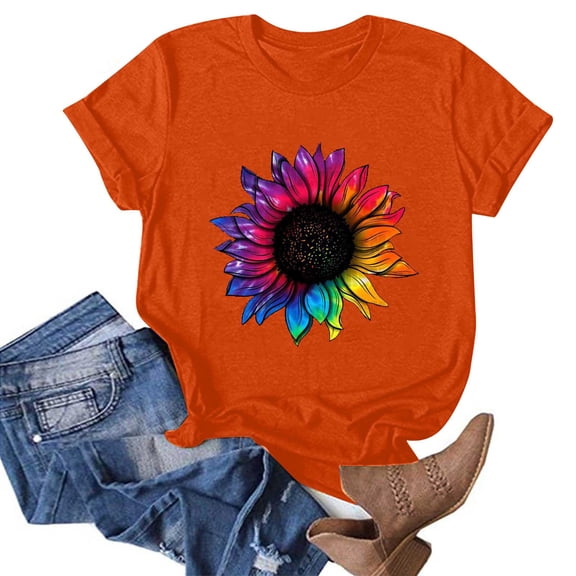 Babysbule Womens Casual Summer Printing Tops Short Sleeves Round Neck Loose Graphic Womens Fashion Tops