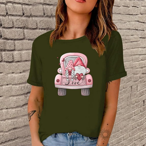 Babysbule Womens Casual Valentine's Day Tops Short Sleeve Digital Printing Round Neck Loose Womens Summer Tops