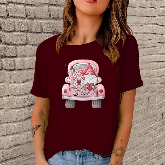 Babysbule Womens Casual Valentine's Day Tops Short Sleeve Digital Printing Round Neck Loose Womens Summer Tops