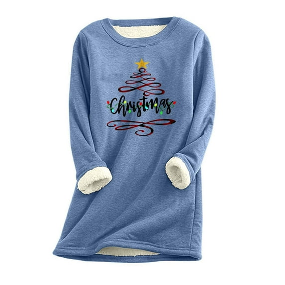 Babysbule Womens Christmas Shirts Clearance Tops Christmas Printing Round Neck Thickened Plush Warm Long Sleeve Tops