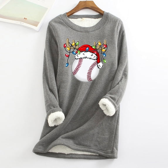 Babysbule Womens Christmas Shirts Clearance Tops Christmas Round Neck Pocket Thickened Plush Warm Long Sleeve Tops