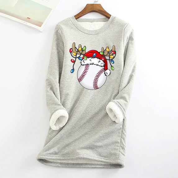 Babysbule Womens Christmas Shirts Clearance Tops Christmas Round Neck Pocket Thickened Plush Warm Long Sleeve Tops