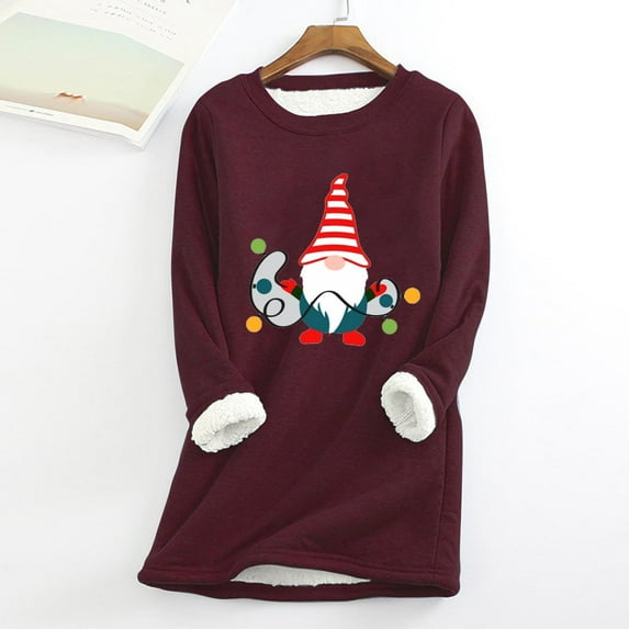 Babysbule Womens Christmas Shirts Clearance Tops Ladies Fashion Casual Winter Plus Fleece Warm Christmas Print Top Women