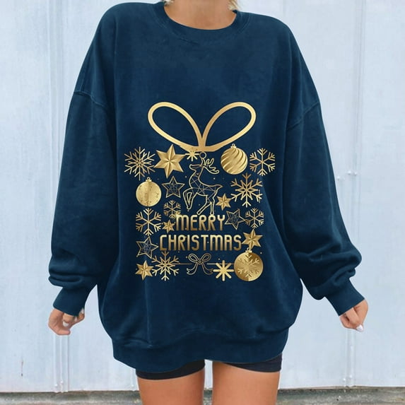 Babysbule Womens Christmas Shirts Tops Christmas Printed Round Neck Long Sleeved Top Loose Fitting Sweater