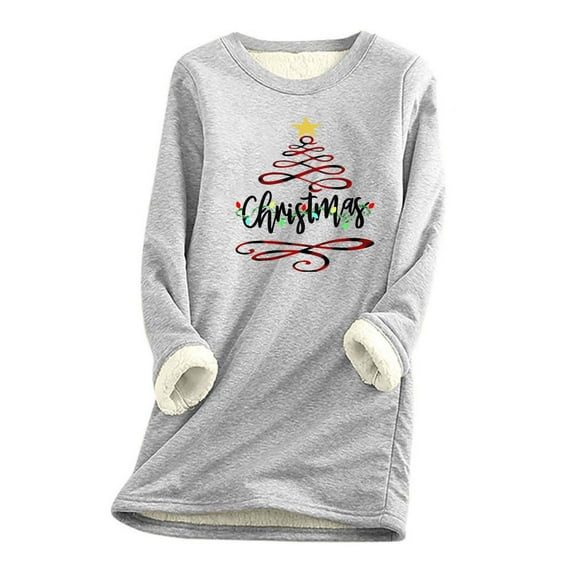 Babysbule Womens Christmas Shirts Tops Christmas Printing Round Neck Thickened Plush Warm Long Sleeve Tops