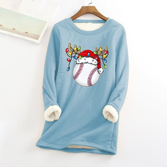 Babysbule Womens Christmas Shirts Tops Christmas Round Neck Pocket Thickened Plush Warm Long Sleeve Tops