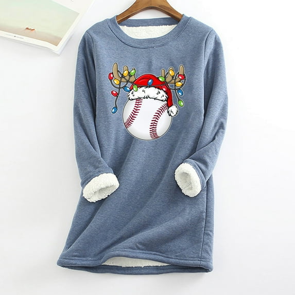 Babysbule Womens Christmas Shirts Tops Christmas Round Neck Pocket Thickened Plush Warm Long Sleeve Tops