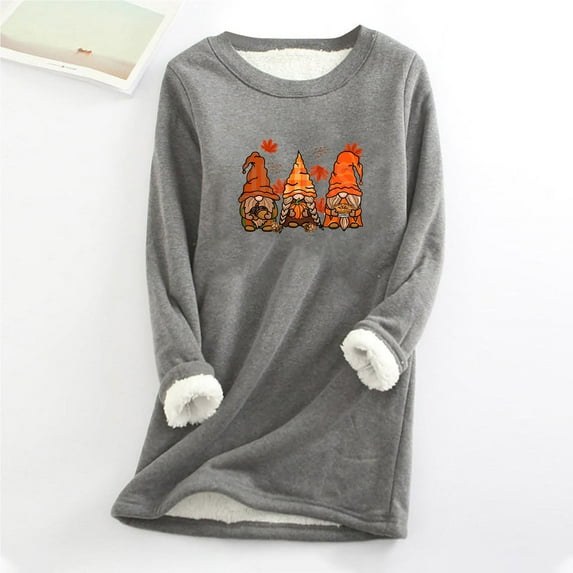 Babysbule Womens Christmas Shirts Tops Printing Round Neck Thickened Plush Warm Long Sleeve Tops