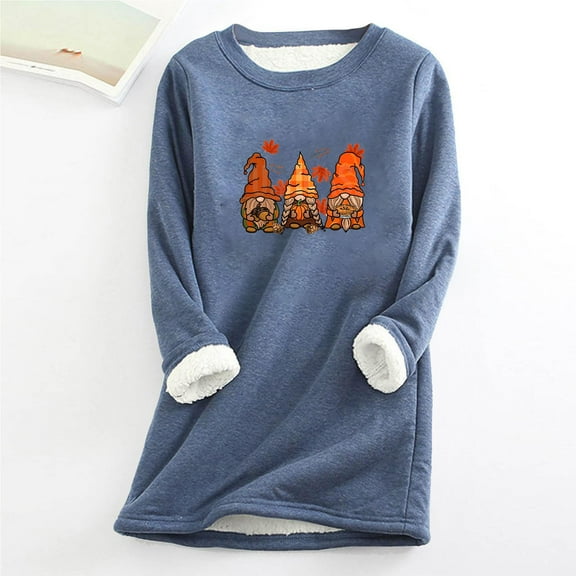 Babysbule Womens Christmas Shirts Tops Printing Round Neck Thickened Plush Warm Long Sleeve Tops