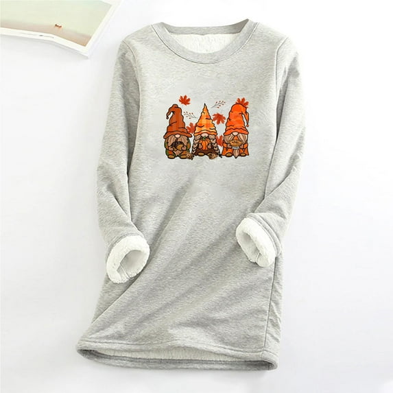 Babysbule Womens Christmas Shirts Tops Printing Round Neck Thickened Plush Warm Long Sleeve Tops