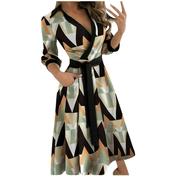 Babysbule Womens DressesWomen's Casual Loose Bandage Half Sleeve Printed V-Neck Ankle-Length Dress
