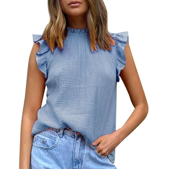 Babysbule Womens Tops Fashion Women Solid Ruffle Sleeveless Turtleneck Loose Vest Casual Tank Tops