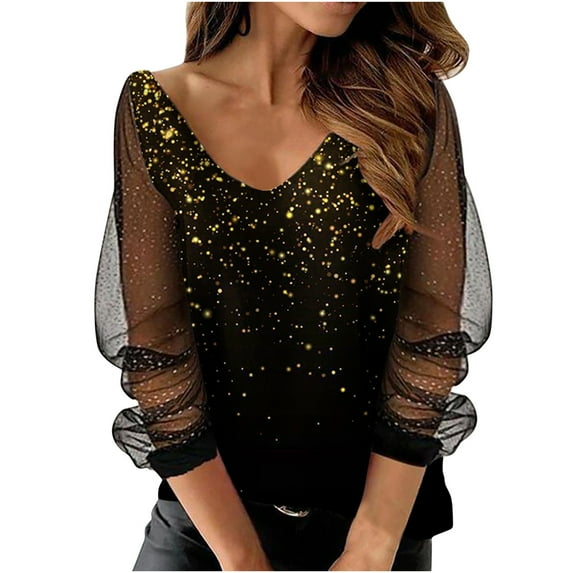 Babysbule Womens Clearance Tops Women Print Mesh Long Sleeve V-neck Blouse Pullover Tunic Tops Shirt