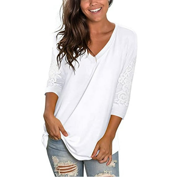 Babysbule Womens Tops Women's Lace Three Quarter Sleeve V-Neck T-Shirt Loose Shirts Casual Tee Tops