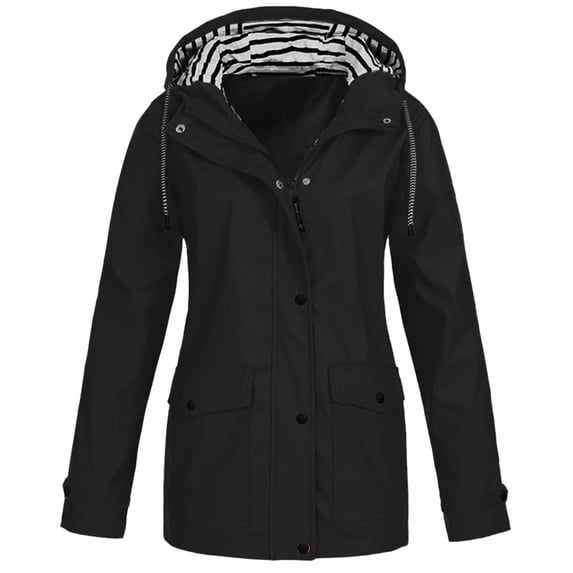 Babysbule Womens Coats Women Solid Rain Jacket Outdoor Plus Size Waterproof Hooded Raincoat Windproof