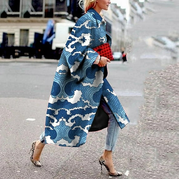 Babysbule Womens Coats Fashion Women Printed Pocket Jacket Outerwear Cardigan Overcoat Long Trench Coat