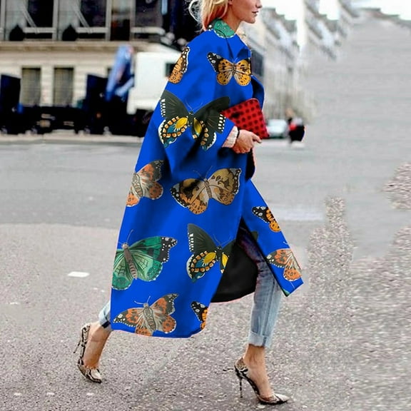 Babysbule Womens Coats Fashion Women Printed Pocket Jacket Outerwear Cardigan Overcoat Long Trench Coat