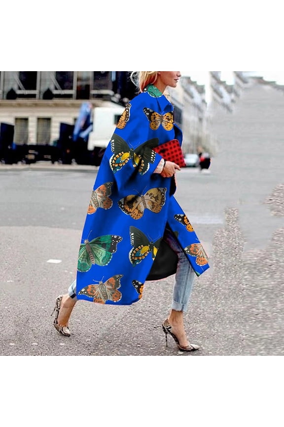 Womens Coats Fashion Women Printed Pocket Jacket Outerwear Cardigan Overcoat Long Trench Coat