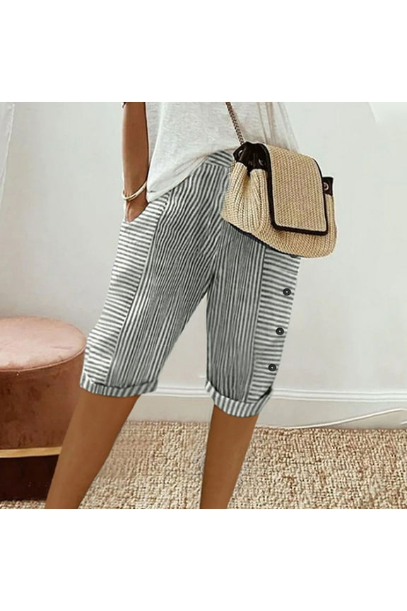 Womens Cotton Capris Shorts Loose Woven Summer Striped Patchwork Button Pants With Pockets Women's Pants