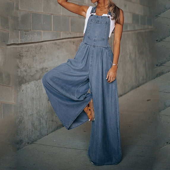 Babysbule Womens Denim Jeans Pants Fashion Women's Summer Casual Sleeveless Solid Color Bandage Wide Leg Pants Jumpsuits