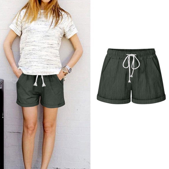 Babysbule Womens Drawstring Shorts Solid High Waisted Cotton And Linen Fashion Wide Leg Three Way Street Workout Pants