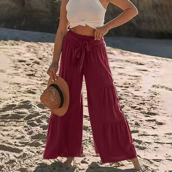 Babysbule Womens Drawstring Straps Pants Women's Fashion Casual High Waist Elastic Waist Solid Color Ruffle Wide Leg Pants